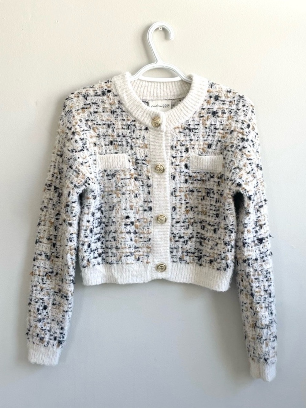 FRESHMAN 1996 CREAM GREY TAN BOUCLE CARDIGAN GOLD BUTTONS FUZZY KNIT